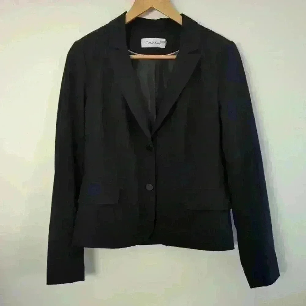 CALVIN KLEIN | Women's Black Fully Lined Long Sleeve Button Up Blazer